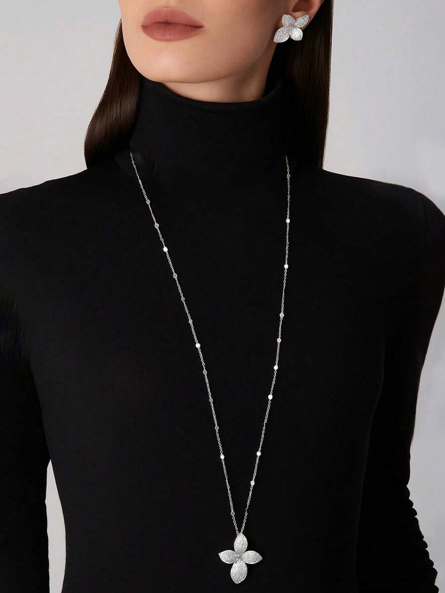 SHEIN طقم مجوهرات نسائي قلادة طويلة بتصميم زهري مع أقراط أنيقة