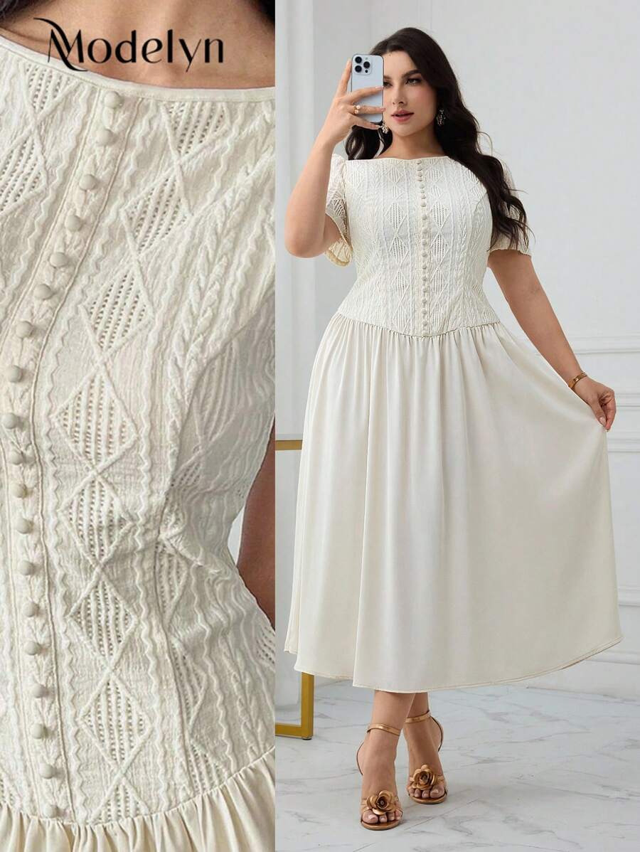 SHEIN Modelyn فستان للمقاسات كبيرة قصير الأكمام بياقة قارب ولون مشمشي
