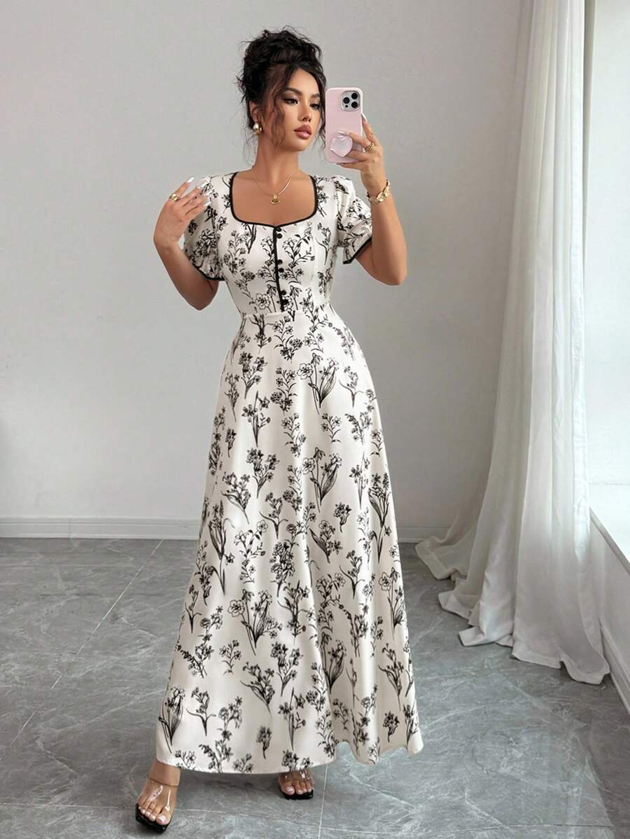 SHEIN Elenzga فستان ماكسي بطبعة زهور وياقة مربعة