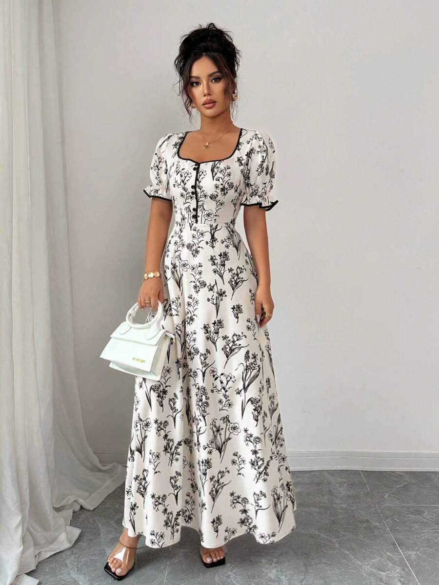 SHEIN Elenzga فستان ماكسي بطبعة زهور وياقة مربعة