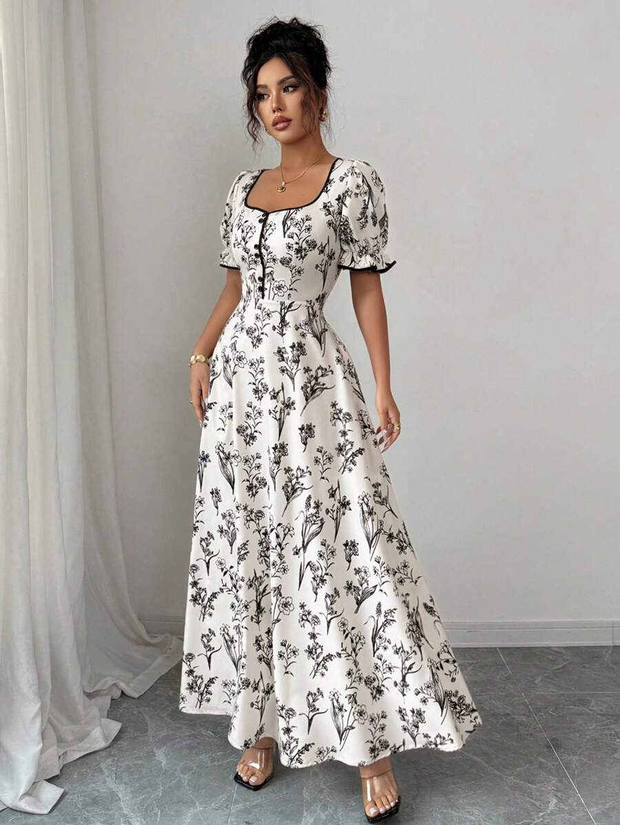 SHEIN Elenzga فستان ماكسي بطبعة زهور وياقة مربعة