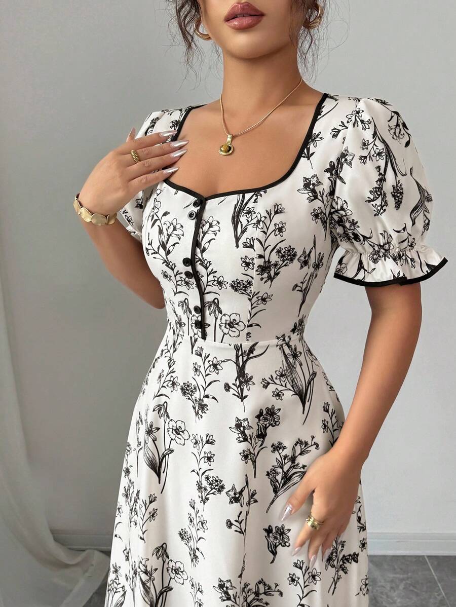 SHEIN Elenzga فستان ماكسي بطبعة زهور وياقة مربعة