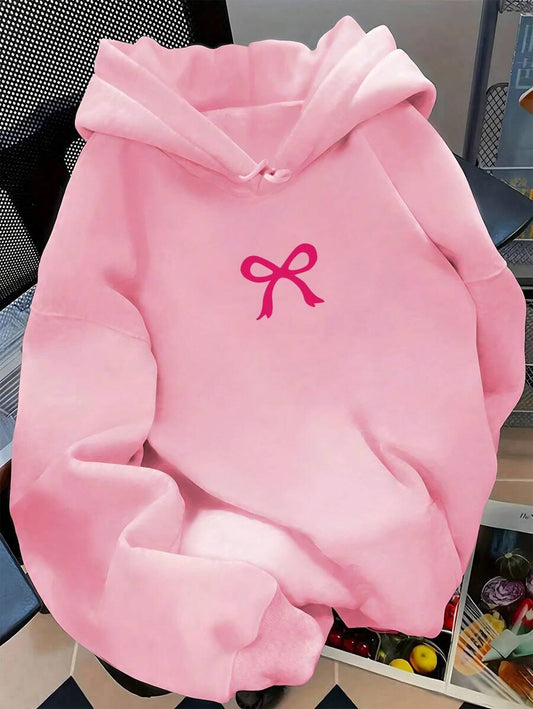 SHEIN هودي نسائي وردي بطبعة فيونكة كاجوال