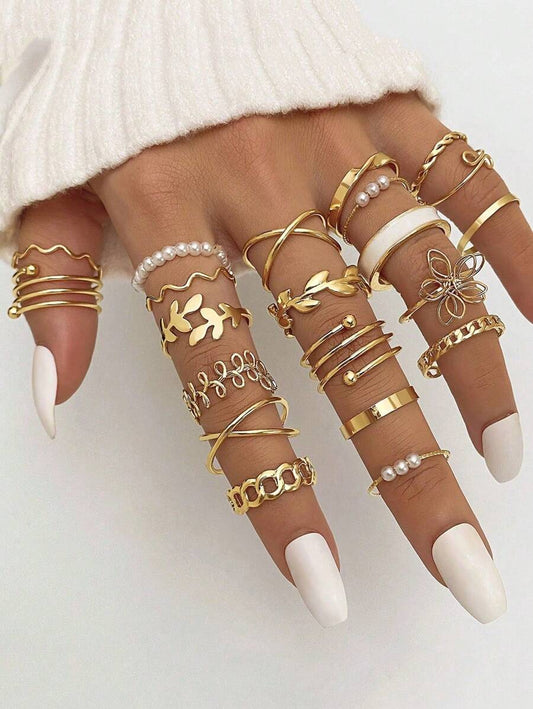 SHEIN مجموعة 22 خاتم ذهبي بتصاميم متنوعة