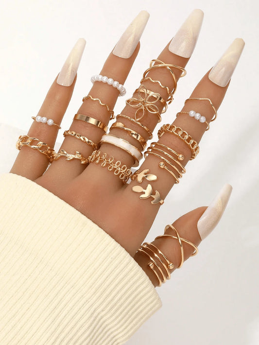 SHEIN مجموعة 22 خاتم ذهبي بتصاميم متنوعة