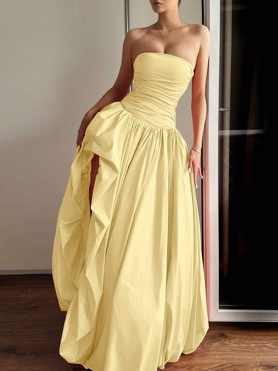 SHEIN فستان حفلة أصفر بخصر غير متماثل بدون أكتاف