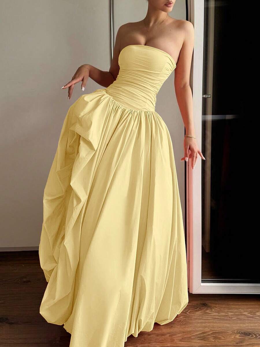 SHEIN فستان حفلة أصفر بخصر غير متماثل بدون أكتاف