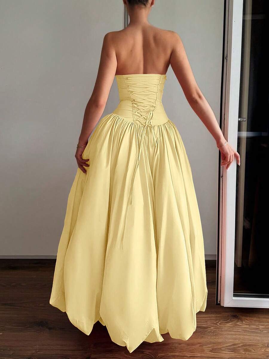 SHEIN فستان حفلة أصفر بخصر غير متماثل بدون أكتاف