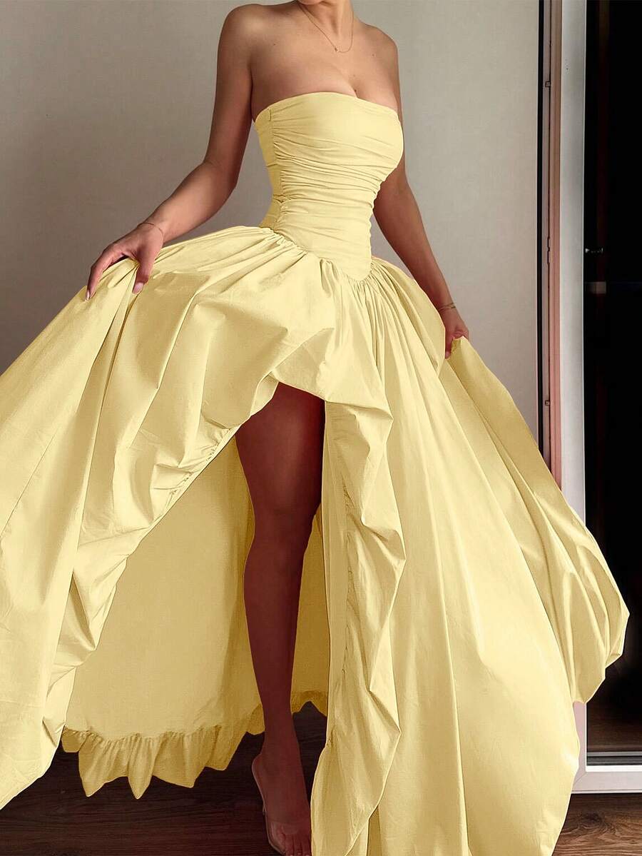 SHEIN فستان حفلة أصفر بخصر غير متماثل بدون أكتاف
