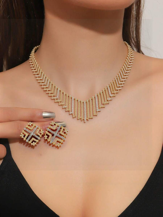 SHEIN طقم مجوهرات ذهبي 3 قطع من الراين