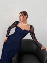 SHEIN Aloruh فستان سهرة طويل ضيق بأكمام طويلة مطرز بالدانتيل
