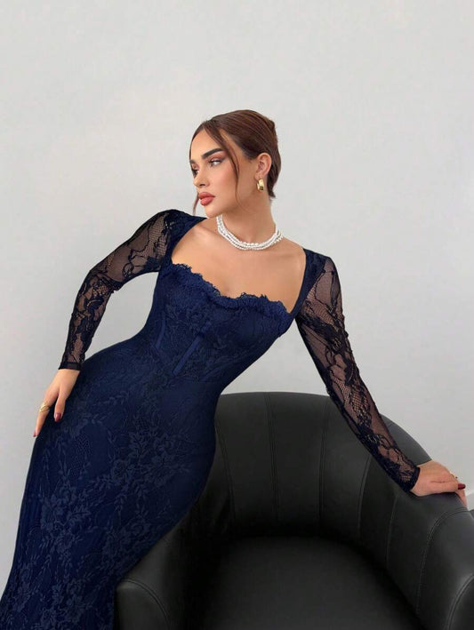 SHEIN Aloruh فستان سهرة طويل ضيق بأكمام طويلة مطرز بالدانتيل