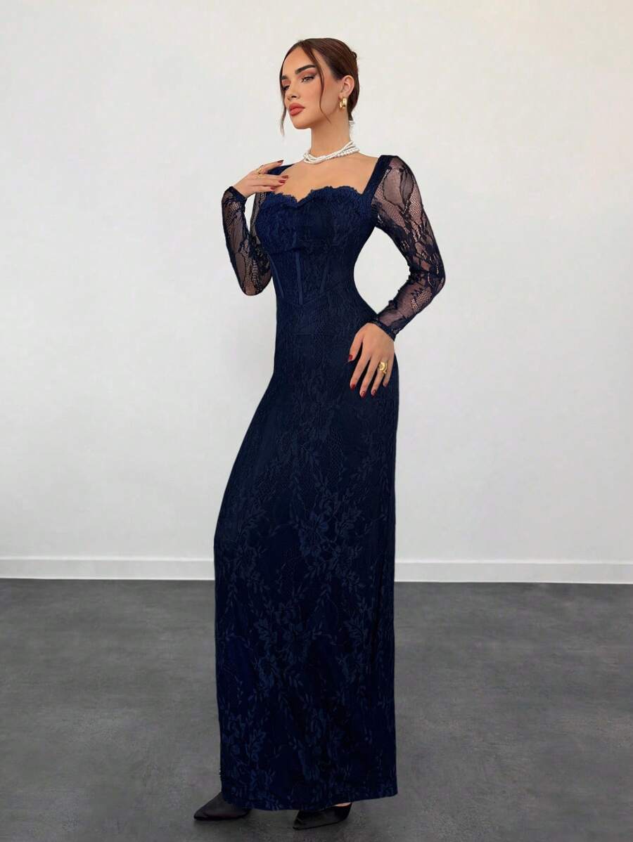 SHEIN Aloruh فستان سهرة طويل ضيق بأكمام طويلة مطرز بالدانتيل