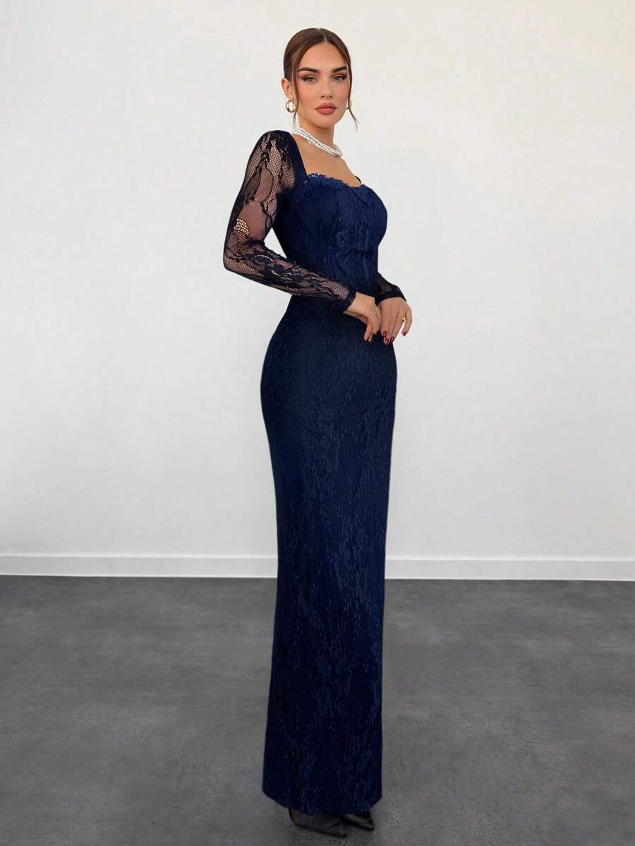 SHEIN Aloruh فستان سهرة طويل ضيق بأكمام طويلة مطرز بالدانتيل