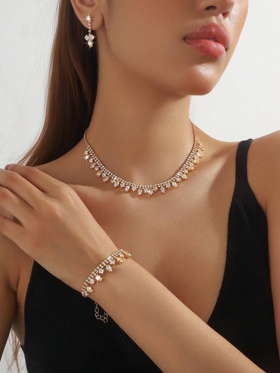 SHEIN طقم 4 قطع مجوهرات بزركونيا تشمل قلادة وأقراط وسوار