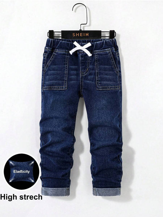 SHEIN بنطال جينز أولادي أزرق بخصر مطاطي مريح
