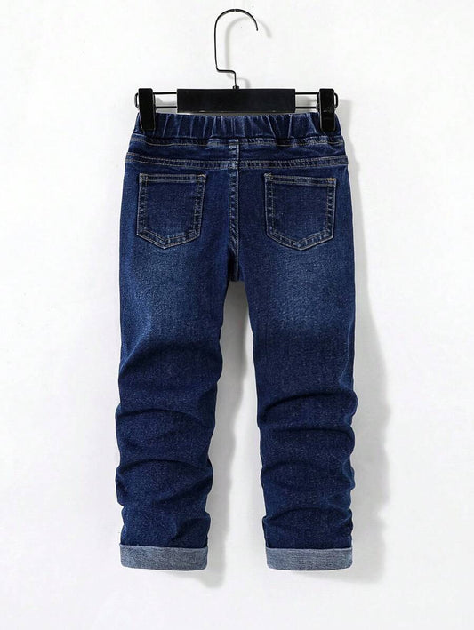 SHEIN بنطال جينز أولادي أزرق بخصر مطاطي مريح