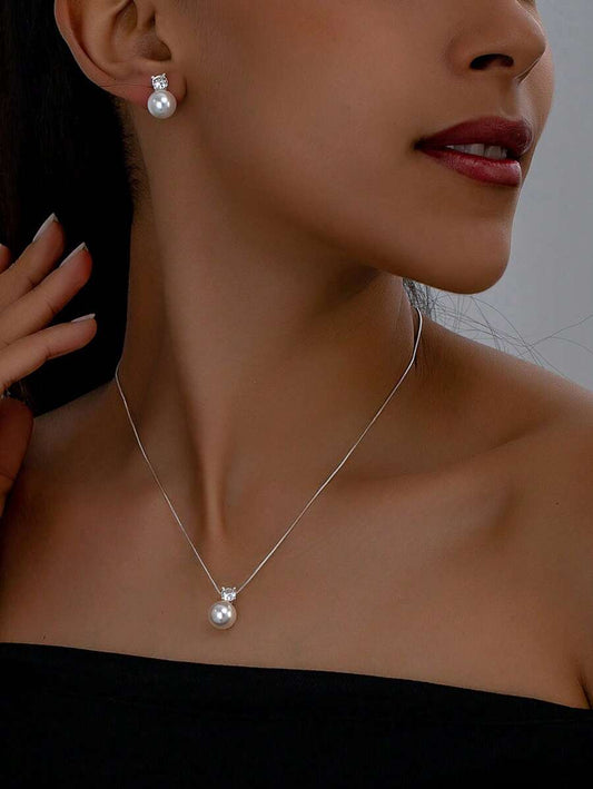 SHEIN طقم قلادة وأقراط 3 قطع بزركونيا وخرز زجاجي