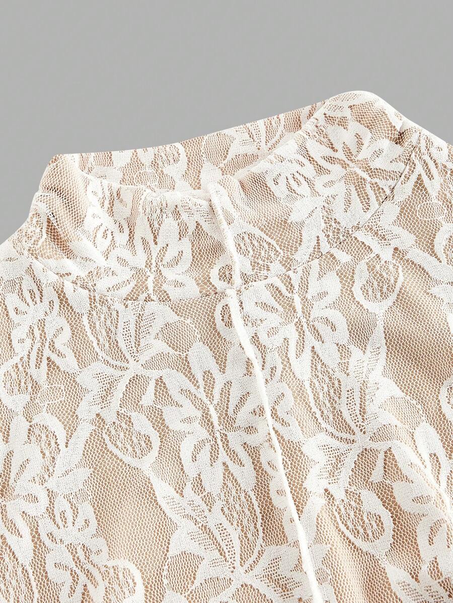 SHEIN MOD فستان شيفون بأكمام واسعة وياقة منتصبة من الدانتيل بلون مشمشي