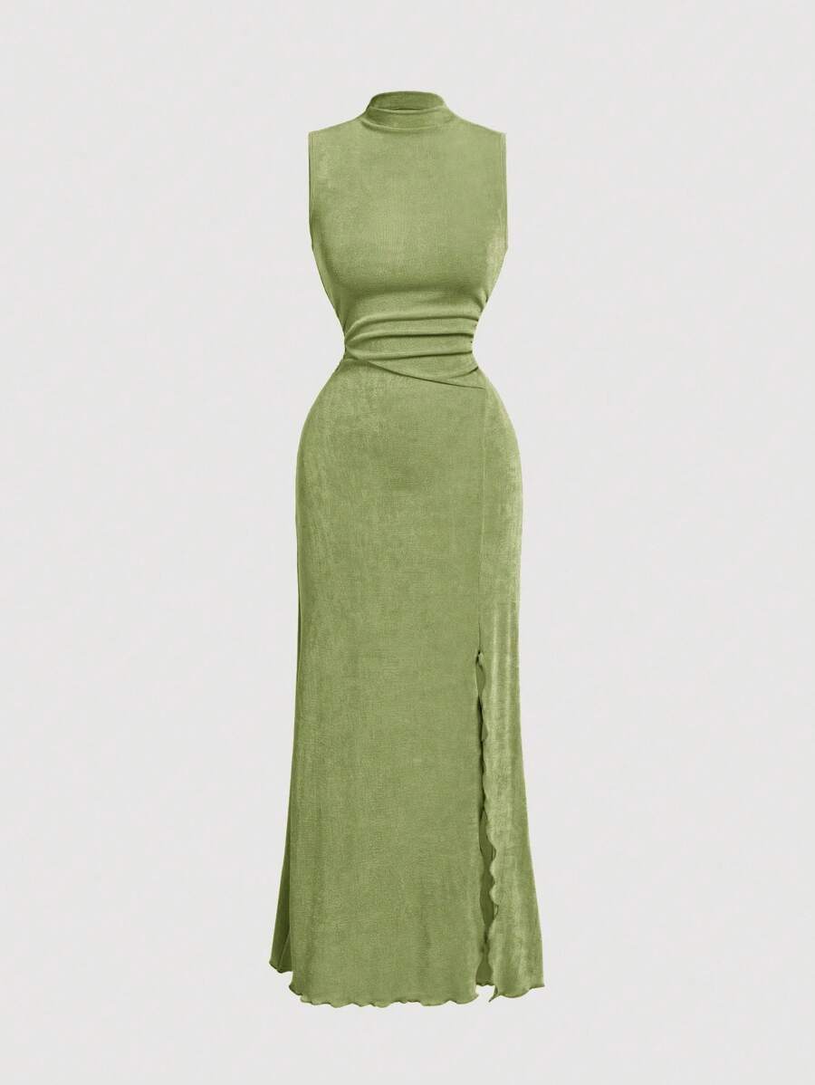 SHEIN MOD فستان اخضر أكتاف مرتفعة وشق علوي