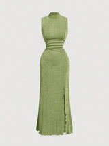 SHEIN MOD فستان اخضر أكتاف مرتفعة وشق علوي