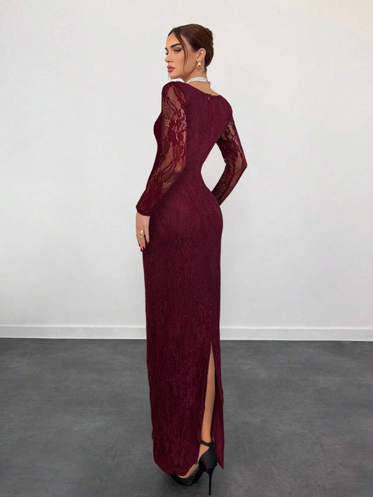 SHEIN Aloruh فستان ماكسي عنابي ضيق شبكي