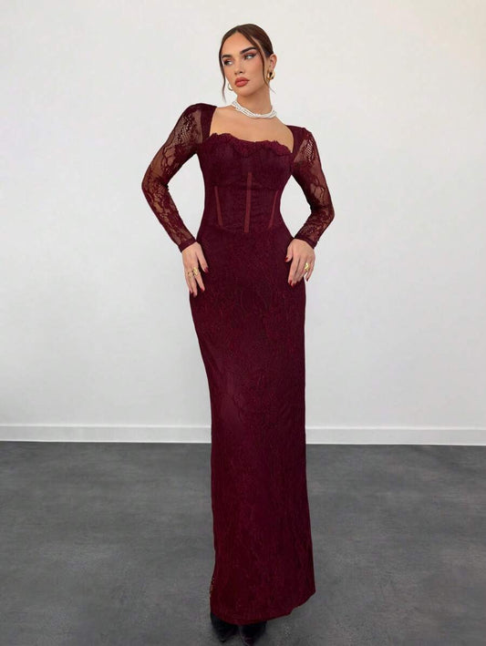 SHEIN Aloruh فستان ماكسي عنابي ضيق شبكي