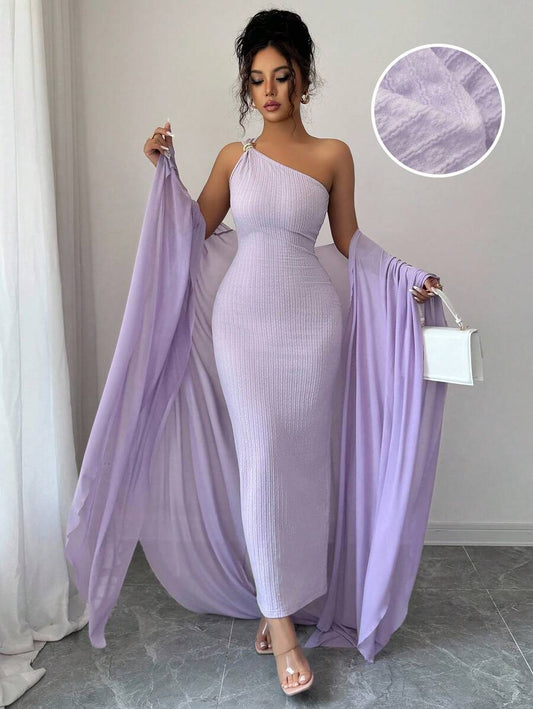 SHEIN Elenzga طقم فستان ارجواني وكاب بحزام معدني من جاكار