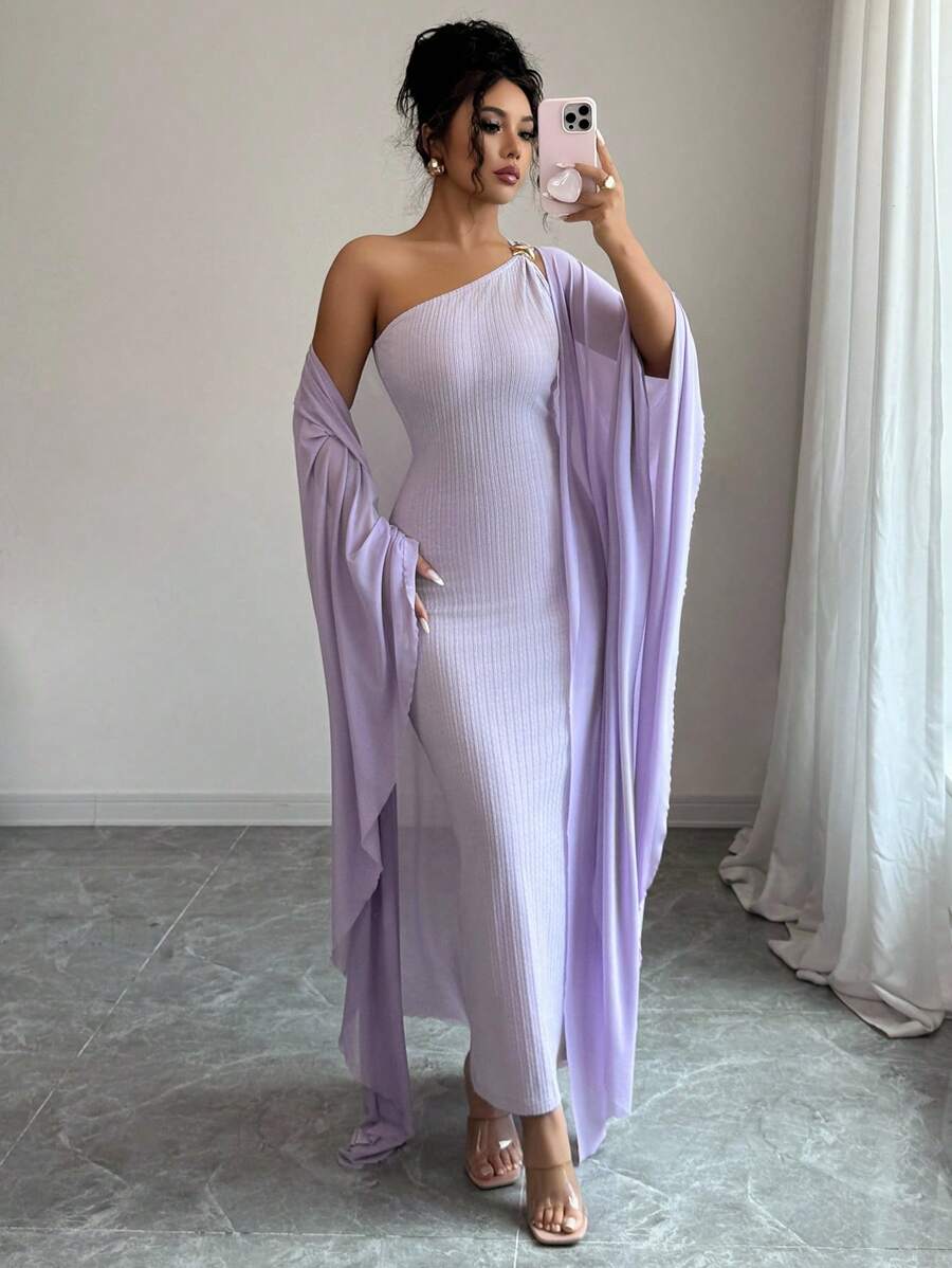 SHEIN Elenzga طقم فستان ارجواني وكاب بحزام معدني من جاكار