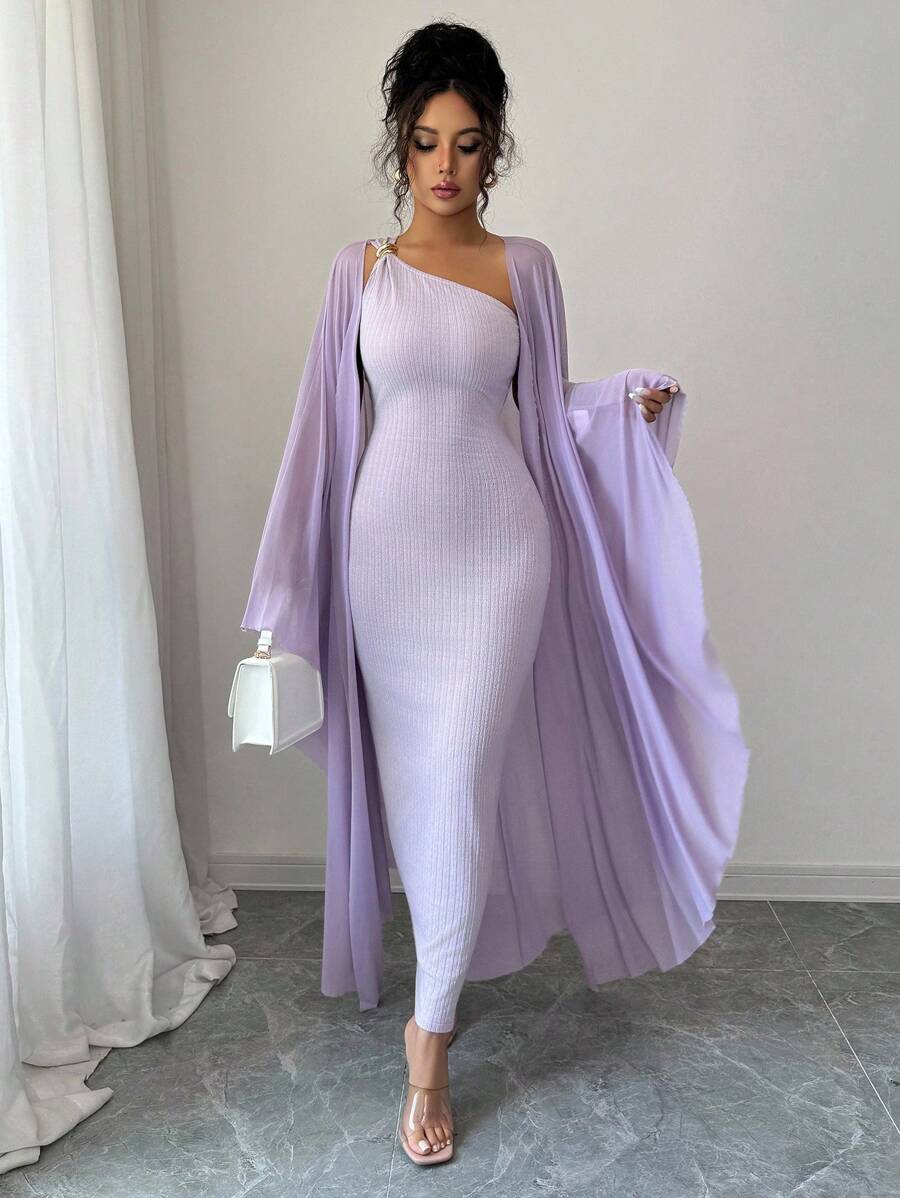 SHEIN Elenzga طقم فستان ارجواني وكاب بحزام معدني من جاكار