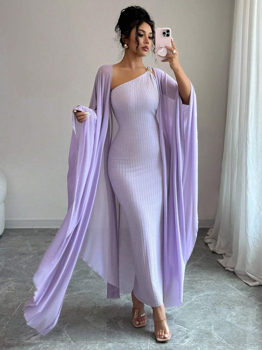 SHEIN Elenzga طقم فستان ارجواني وكاب بحزام معدني من جاكار