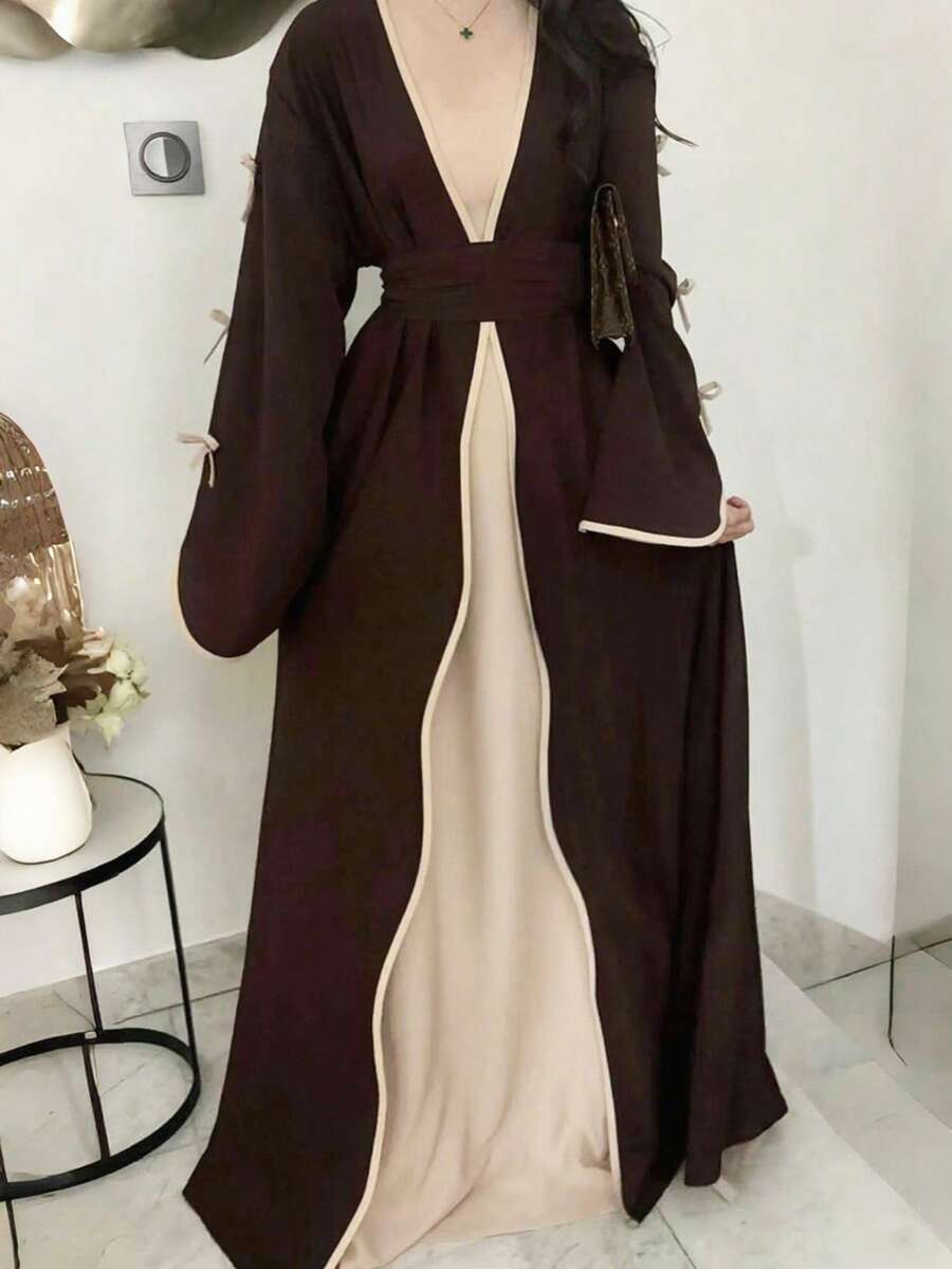 SHEIN SuofeiMan عباية بسيطة بلون بني داكن مع جاكيت كاجوال وحزام