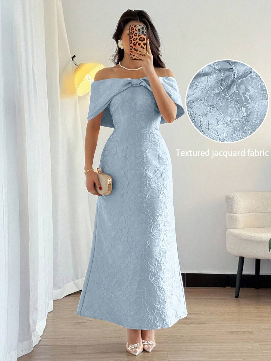 SHEIN Rafferiza فستان أزرق  بكتف بشكل فيونكة وربطة خصر ساتان