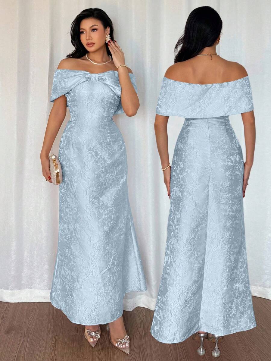 SHEIN Rafferiza فستان أزرق  بكتف بشكل فيونكة وربطة خصر ساتان