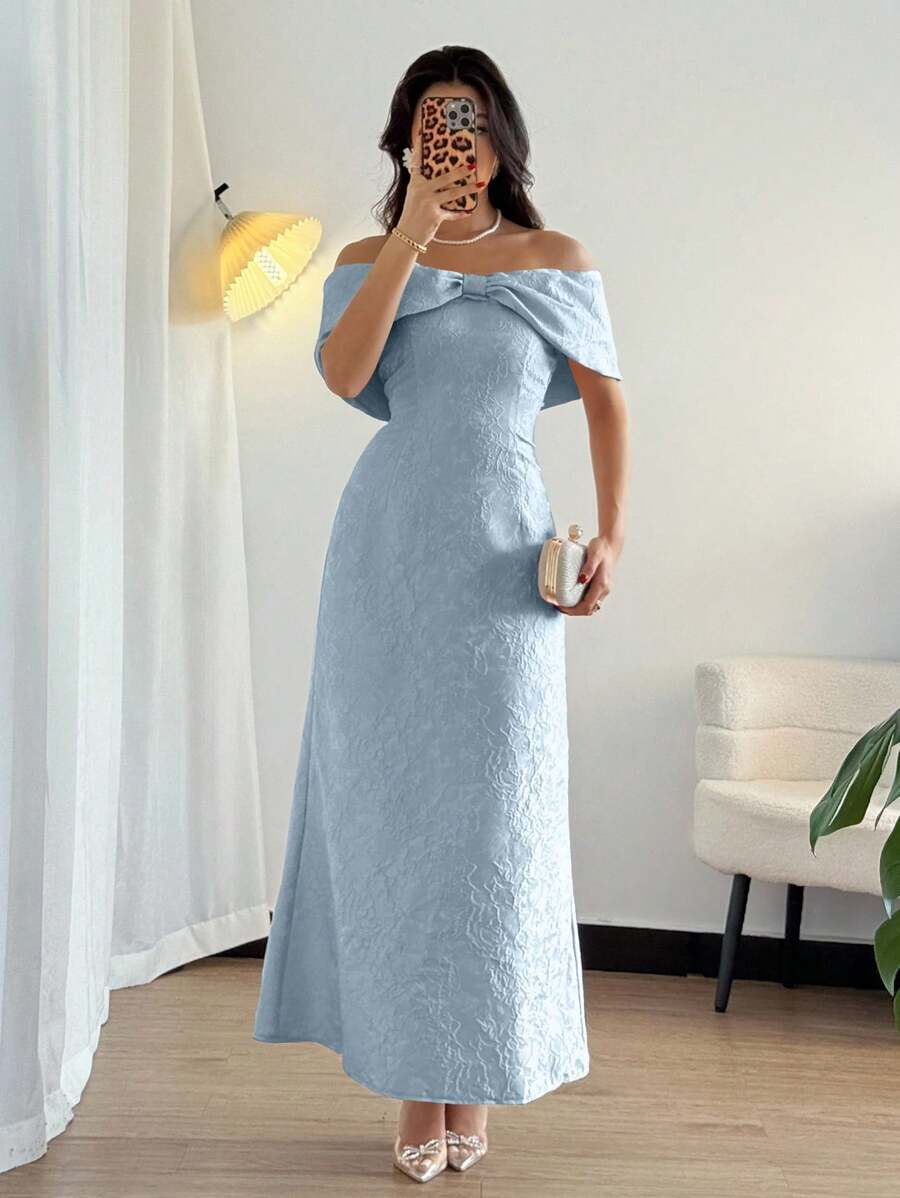 SHEIN Rafferiza فستان أزرق  بكتف بشكل فيونكة وربطة خصر ساتان