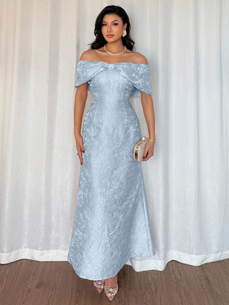SHEIN Rafferiza فستان أزرق  بكتف بشكل فيونكة وربطة خصر ساتان