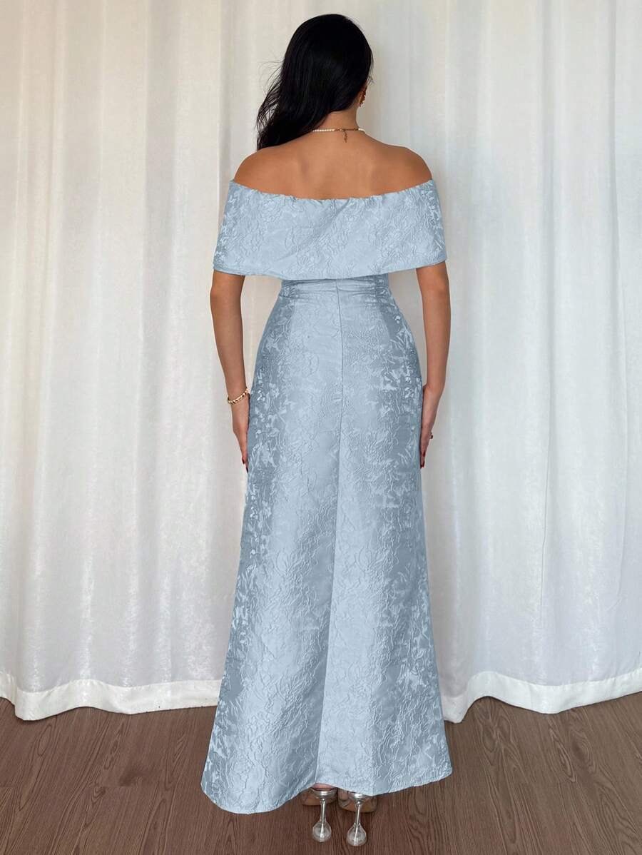 SHEIN Rafferiza فستان أزرق  بكتف بشكل فيونكة وربطة خصر ساتان