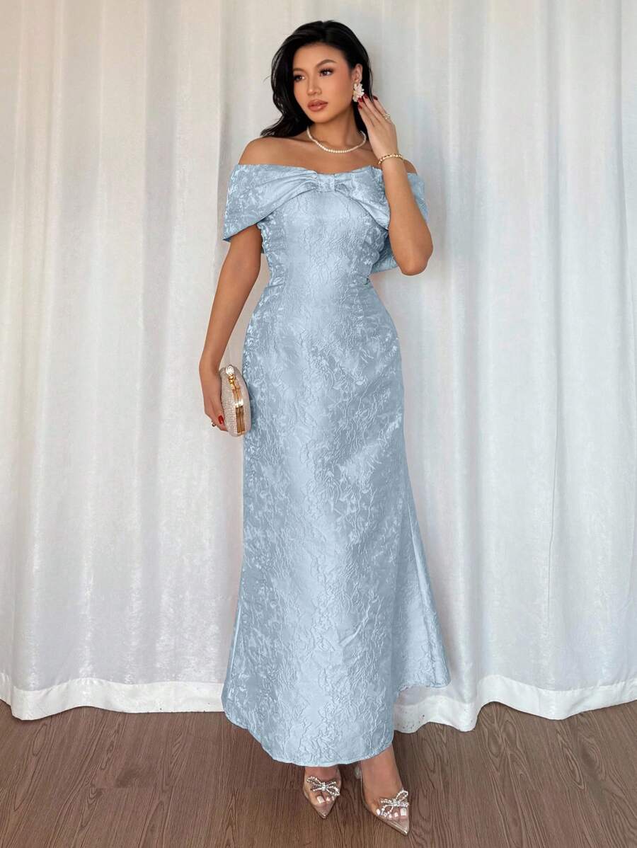 SHEIN Rafferiza فستان أزرق  بكتف بشكل فيونكة وربطة خصر ساتان