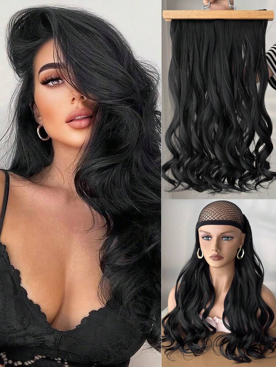 SHEIN إكستنشن شعر اصطناعي مموج طويل 20 بوصة أسود بمشبك