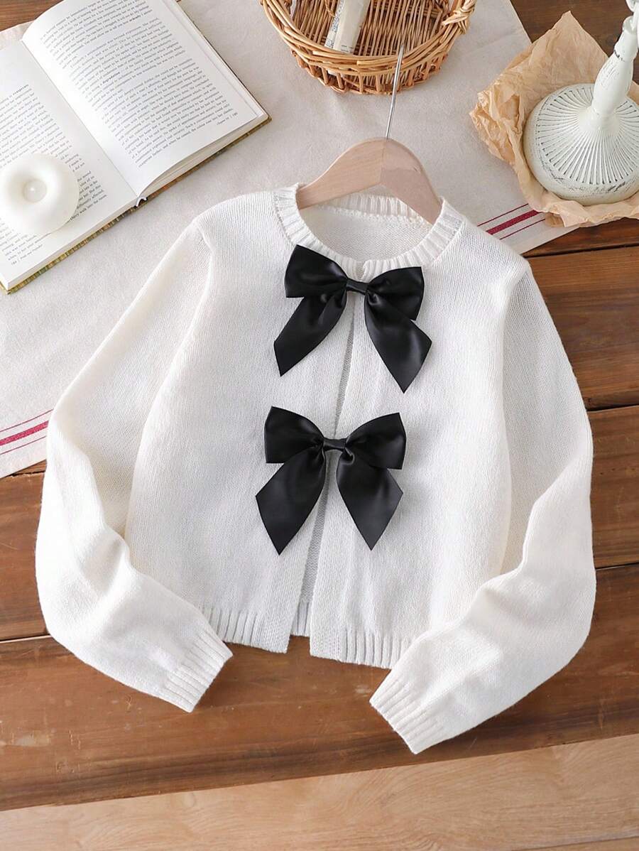 SHEIN Sparklyn كارديجان صوفي محبوك للبنات مع فيونكات سوداء