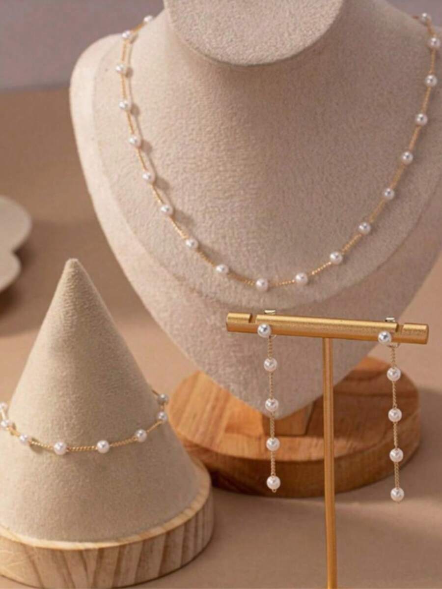 SHEIN مجموعة مجوهرات فرنسية قلادةوأساور وأقراط