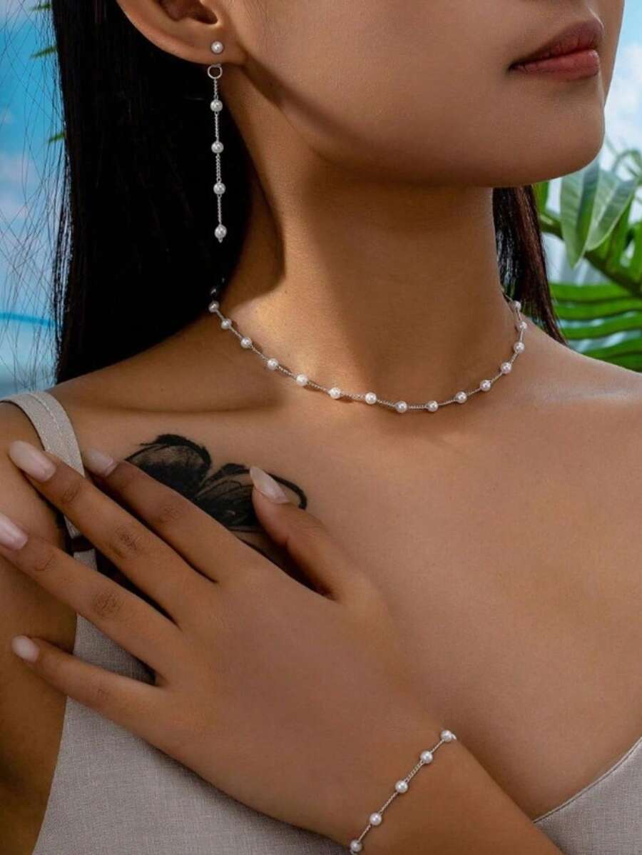 SHEIN مجموعة مجوهرات فرنسية قلادةوأساور وأقراط