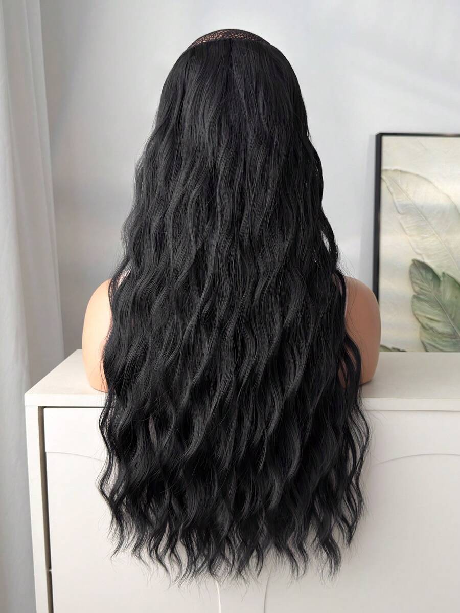 SHEIN إضافات شعر صناعي مموج مائي أسود 22 بوصة 16 مشبك