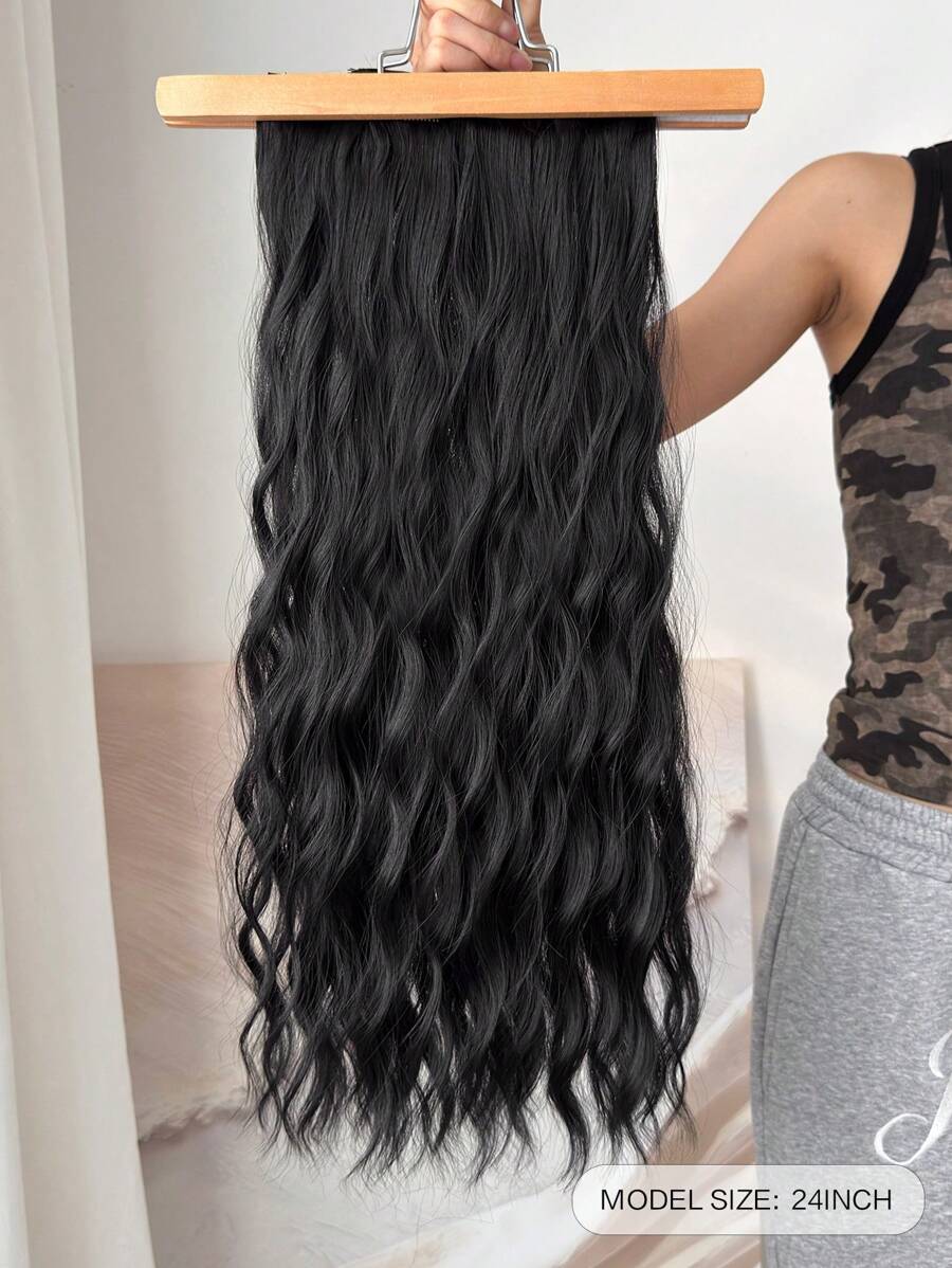 SHEIN إضافات شعر صناعي مموج مائي أسود 22 بوصة 16 مشبك