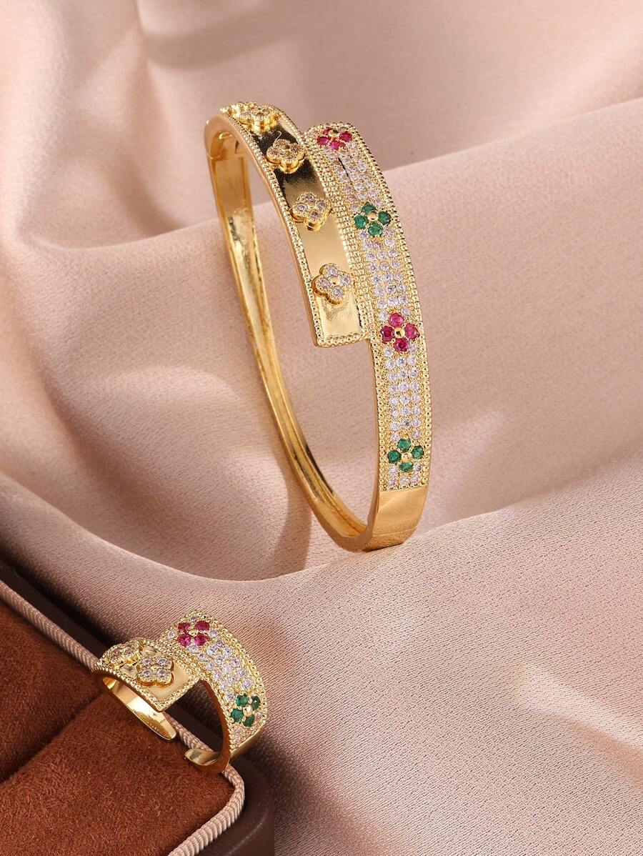 SHEIN rakol مجموعة 2 قطع سوار وخاتم مزين بزركونيا مكعبة
