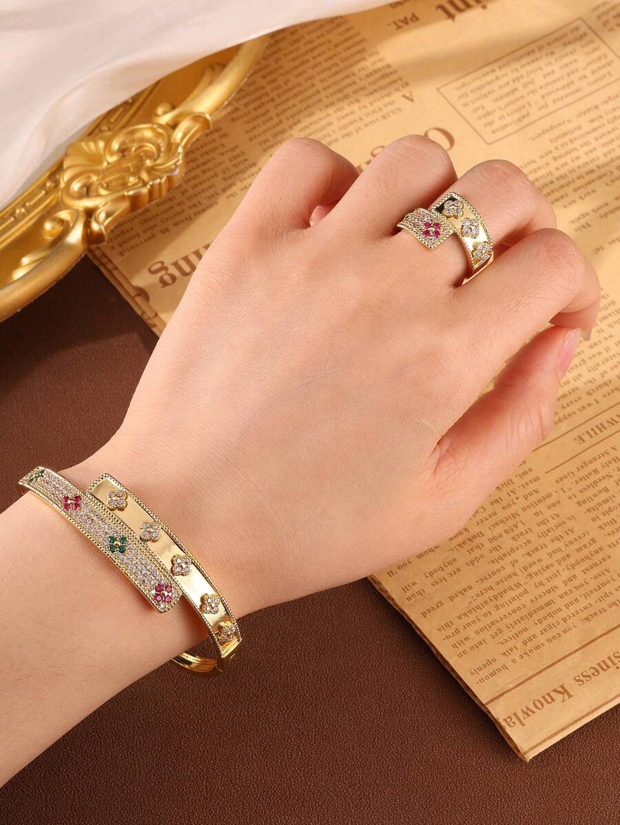 SHEIN rakol مجموعة 2 قطع سوار وخاتم مزين بزركونيا مكعبة