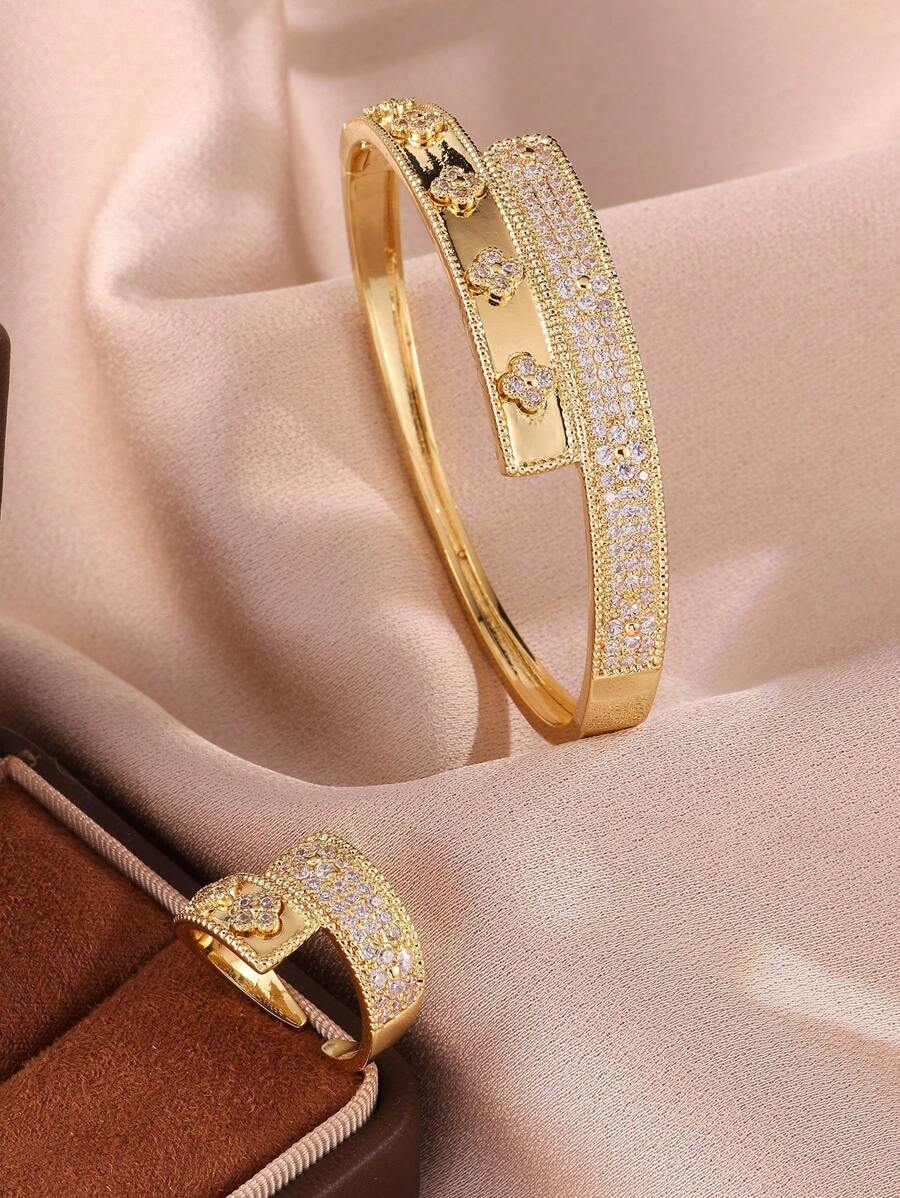 SHEIN rakol مجموعة 2 قطع سوار وخاتم مزين بزركونيا مكعبة