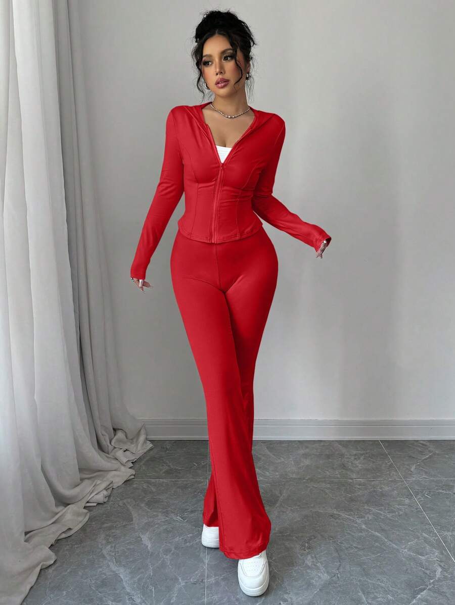 SHEIN abyoxi طقم ملابس علوية رياضية قطعتين احمر بسحاب