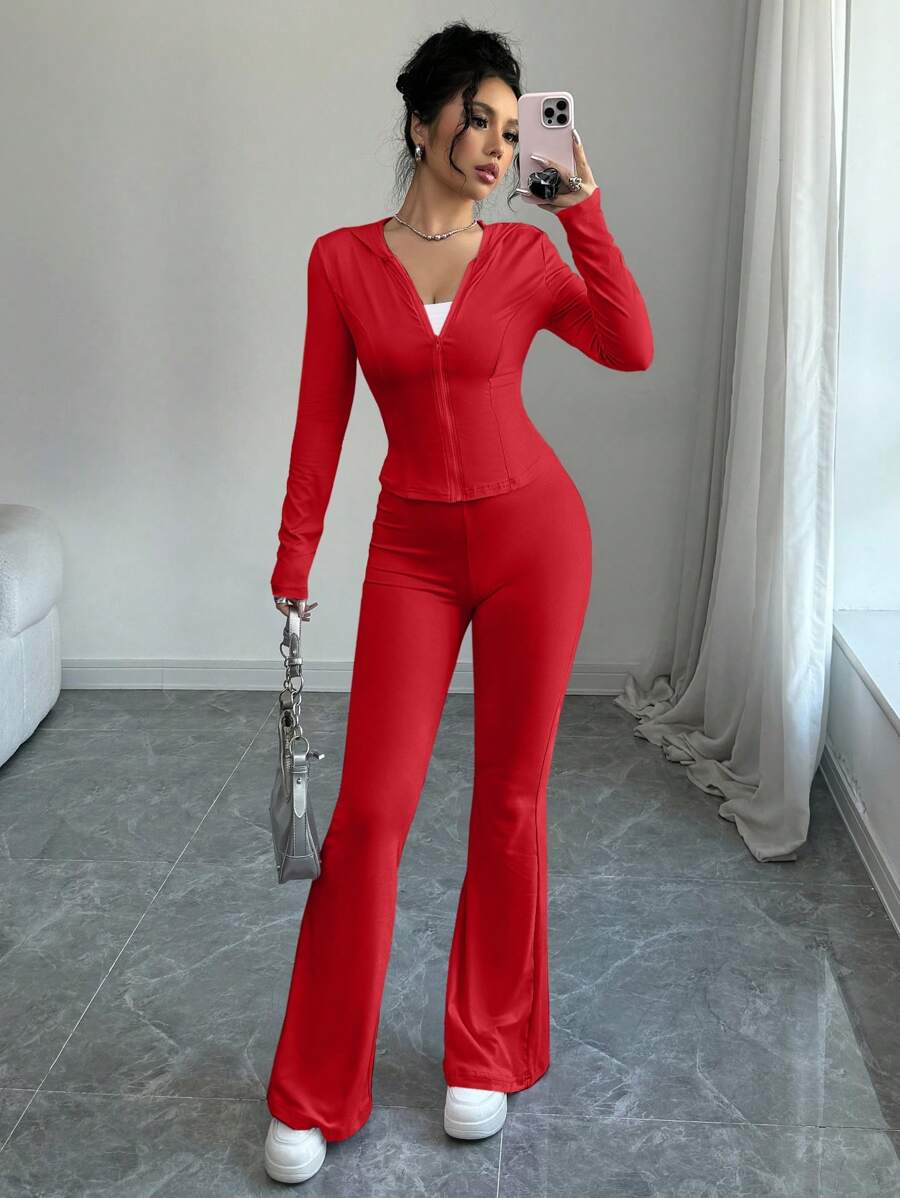 SHEIN abyoxi طقم ملابس علوية رياضية قطعتين احمر بسحاب