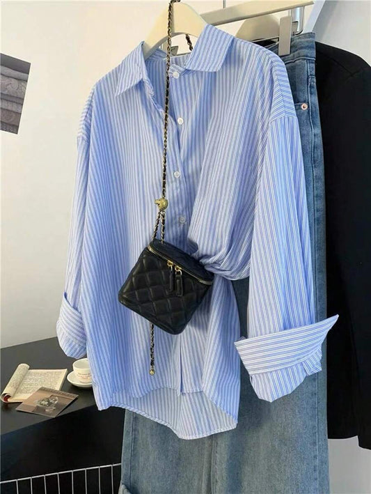 SHEIN Franclia قميص مخطط بأكمام طويلة وأزرار أمامية